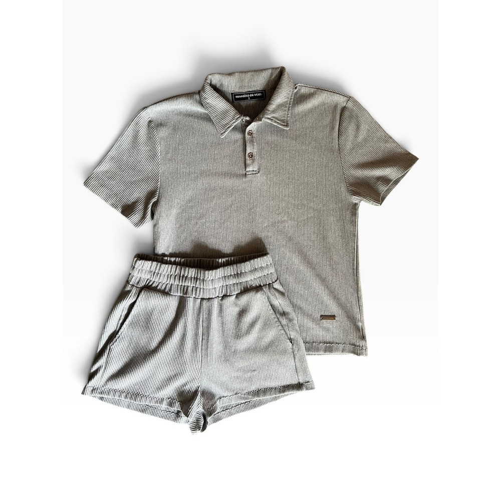 Maniere De Voir Grey Ribbed Polo and Shorts Two Piece Set Women's Size S